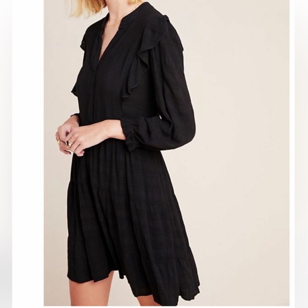 Anthropologie Amadi Black Long Sleeve Rossi Ruffled Tunic Shirt Dress